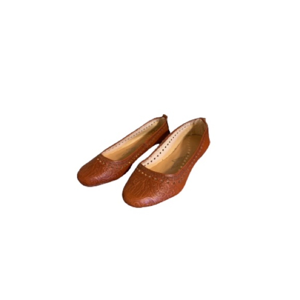 A-Kassimi Boho Moroccan Embossed Cognac Leather Flats - Women’s Size 8